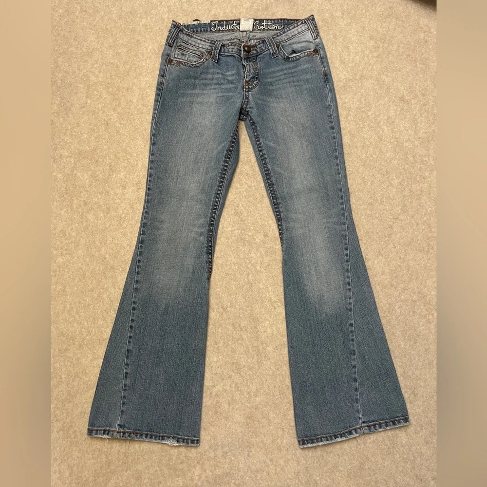 Industrial Cotton Y2K Low Rise Flare Embroidered Blue Denim Jeans Junior Size 13